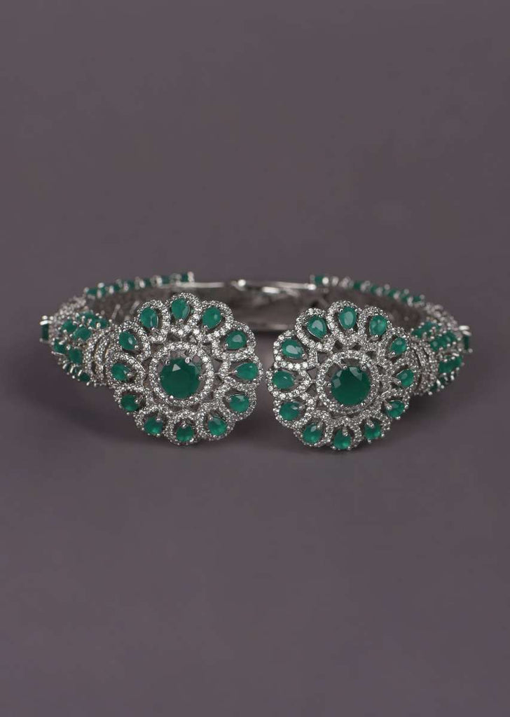 Green Crystals And Stone Studded Bracelet In Floral Motif Online - Kalki Fashion