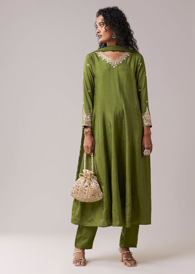 Green Dola Silk Zardozi Embellished Anarkali Pant Set