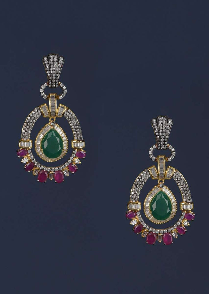 Green Drop Shaped Stone And Magenta Stone Studded Earrings In Oval Motif With Bugle Beads Online - Kalki Fashion