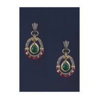 Green Drop Shaped Stone And Magenta Stone Studded Earrings In Oval Motif With Bugle Beads Online - Kalki Fashion