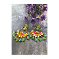 Green Earrings With Pink And White Pachi Kundan Along With Dangling Beads Online - By Kripa Pranay