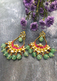 Green Earrings With Pink And White Pachi Kundan Along With Dangling Beads Online - By Kripa Pranay