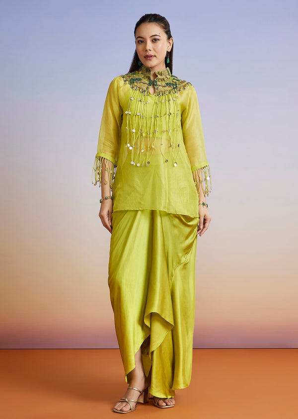 Green Embellished Organza Crop Top Skirt Set With Overlay