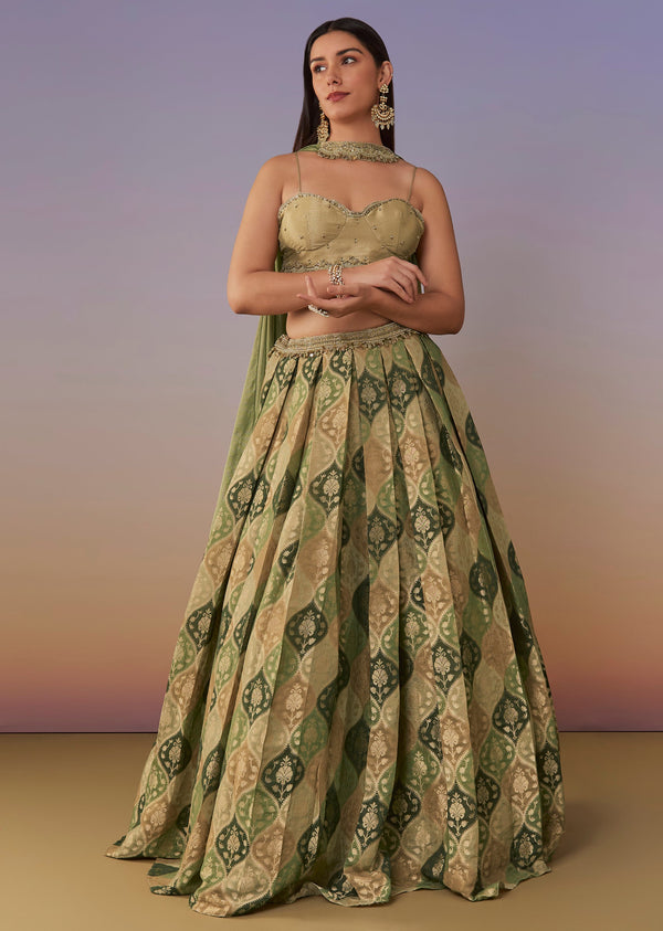 Green Embellished Spaghetti Blouse Lehenga Set With Choker Dupatta