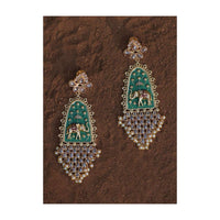 Green Ethnic Earrings With Carved Elephant Motif, Crystals And Dangling Pearls Online - Kalki Fashion