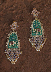 Green Ethnic Earrings With Carved Elephant Motif, Crystals And Dangling Pearls Online - Kalki Fashion