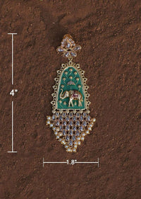 Green Ethnic Earrings With Carved Elephant Motif, Crystals And Dangling Pearls Online - Kalki Fashion