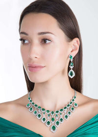 Green Faux Emerald Studded Necklace And Earrings Set With Faux Diamonds In An Elegant Design By Aster