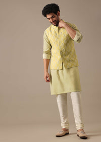 Green Floral Bundi & Striped Kurta Set