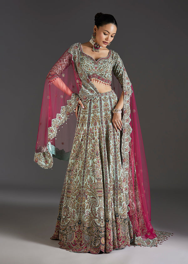 Green Floral Lehenga With Soft Shimmer