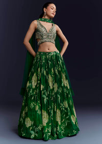 Green Floral Print Bridesmaid Crepe Lehenga Set