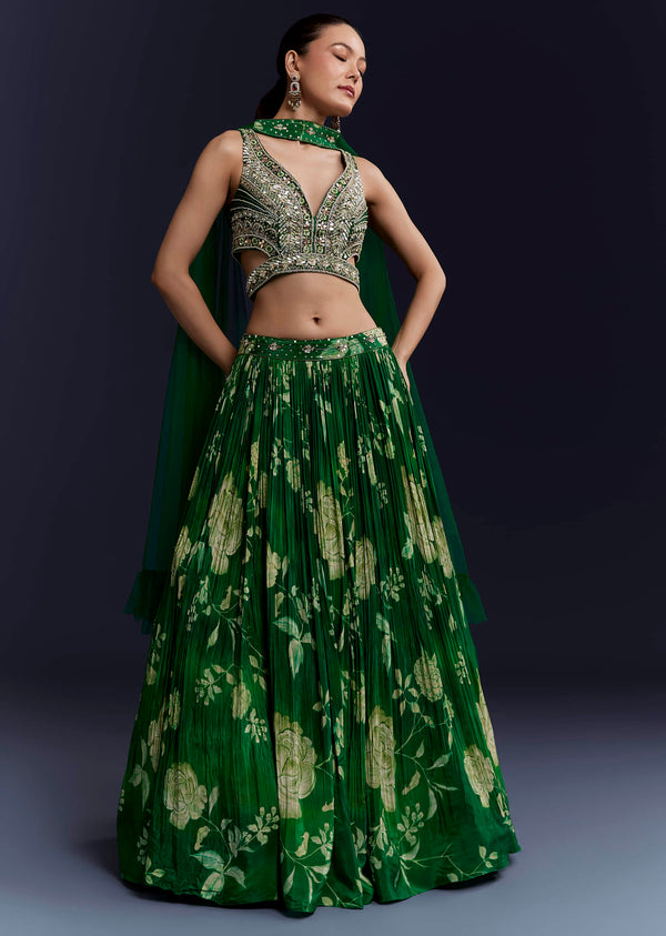 Green Floral Print Bridesmaid Crepe Lehenga Set