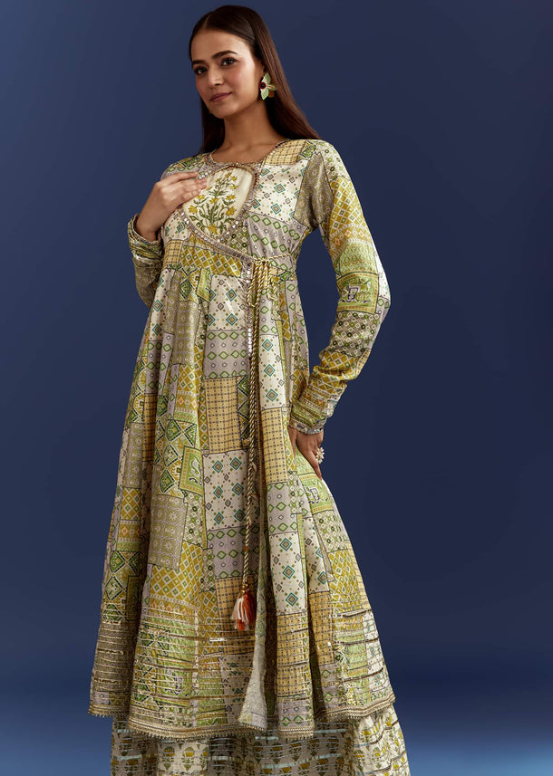 Green Floral Sleeveless Kurti With Gotta Lace And Angrakha Jacket