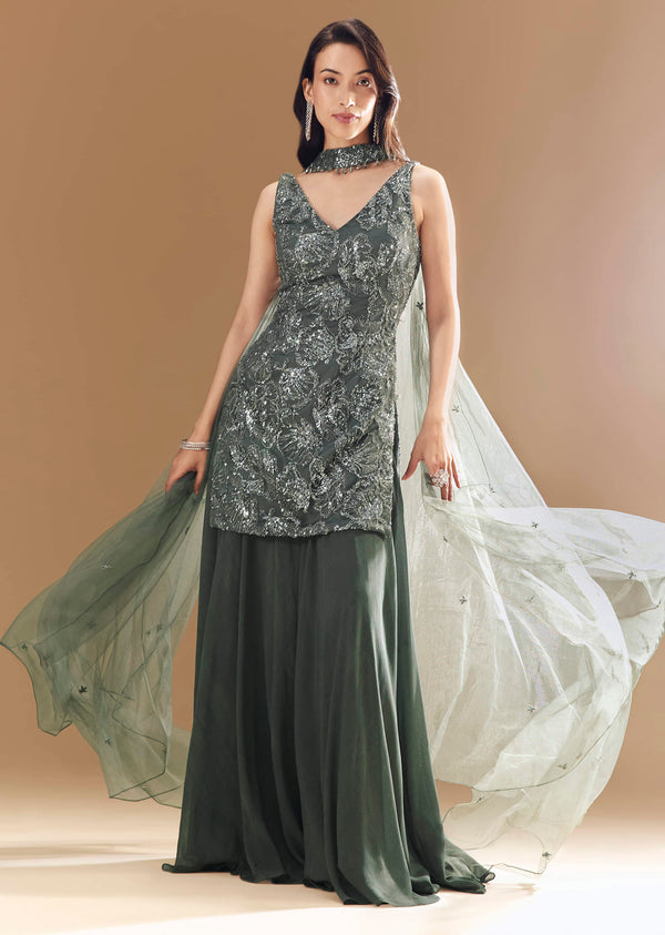 Green Georgette Palazzo Set With Choker-Style Dupatta