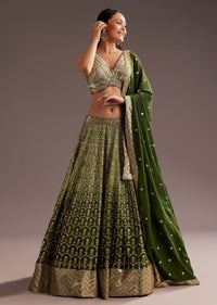 Green Gold Ombre Sequins Zari Georgette Lehenga Set