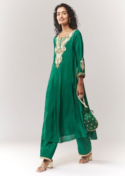 Green Gotta And Sequin Work Anarkali With Pant