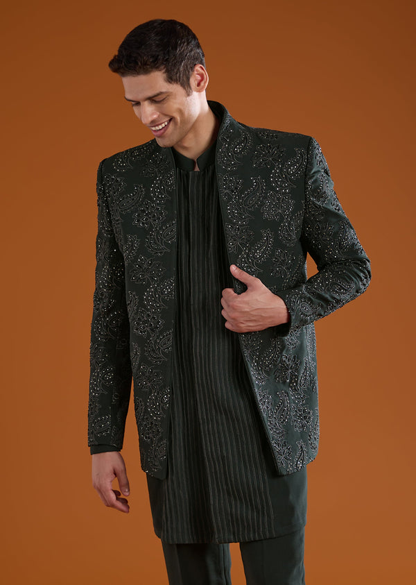 Green Jodhpuri Kurta Set with Sequin Work