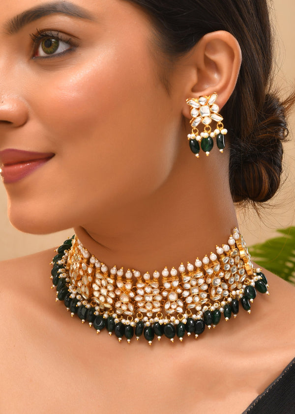 Green Kundan Choker Necklace and Earrings Set