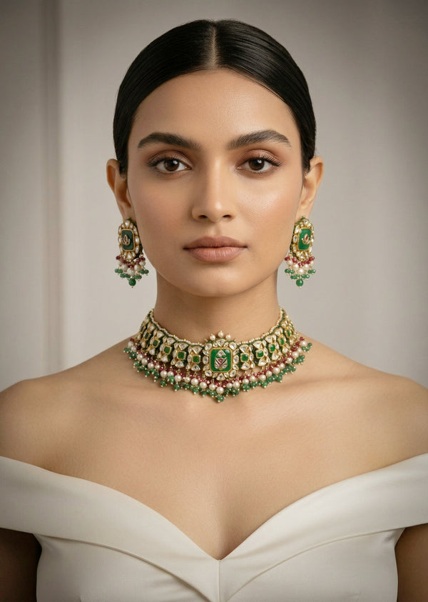Green Kundan Polki Choker Necklace Set With Earrings