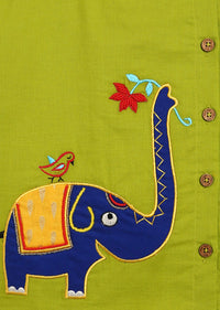 Kalki Boys Green Kurta And Blue Dhoti Set In Cotton With Moti, Resham And Zardosi Embroidered Elephant Motif By Tiber Taber