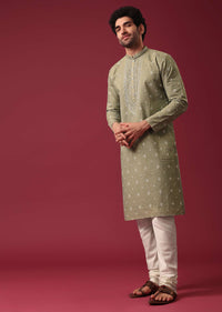 Green Kurta Set In Silk with Sequin Work