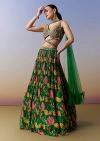 Green Lehenga With Floral Print And Sequins Moti Cut Dana Work