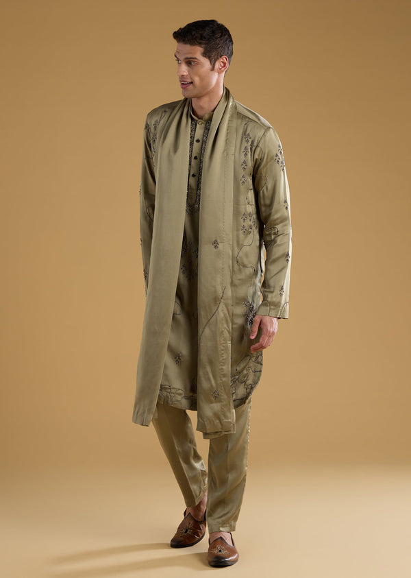 Green Metal Embroidered Kurta Set with Dupatta