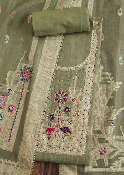 Green Linen Chanderi Unstitched Suit