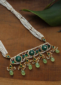 Green Long Necklace With Kundan Pendant, Dangling Green Stones And Several Pearl Strings By Paisley Pop