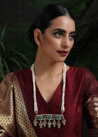 Green Long Necklace With Kundan Pendant, Dangling Green Stones And Several Pearl Strings By Paisley Pop