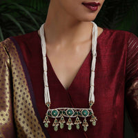 Green Long Necklace With Kundan Pendant, Dangling Green Stones And Several Pearl Strings By Paisley Pop