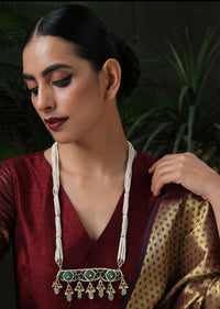 Green Long Necklace With Kundan Pendant, Dangling Green Stones And Several Pearl Strings By Paisley Pop