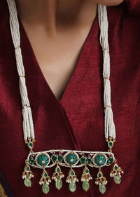 Green Long Necklace With Kundan Pendant, Dangling Green Stones And Several Pearl Strings By Paisley Pop