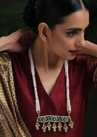 Green Long Necklace With Kundan Pendant, Dangling Green Stones And Several Pearl Strings By Paisley Pop