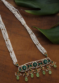 Green Long Necklace With Kundan Pendant, Dangling Green Stones And Several Pearl Strings By Paisley Pop