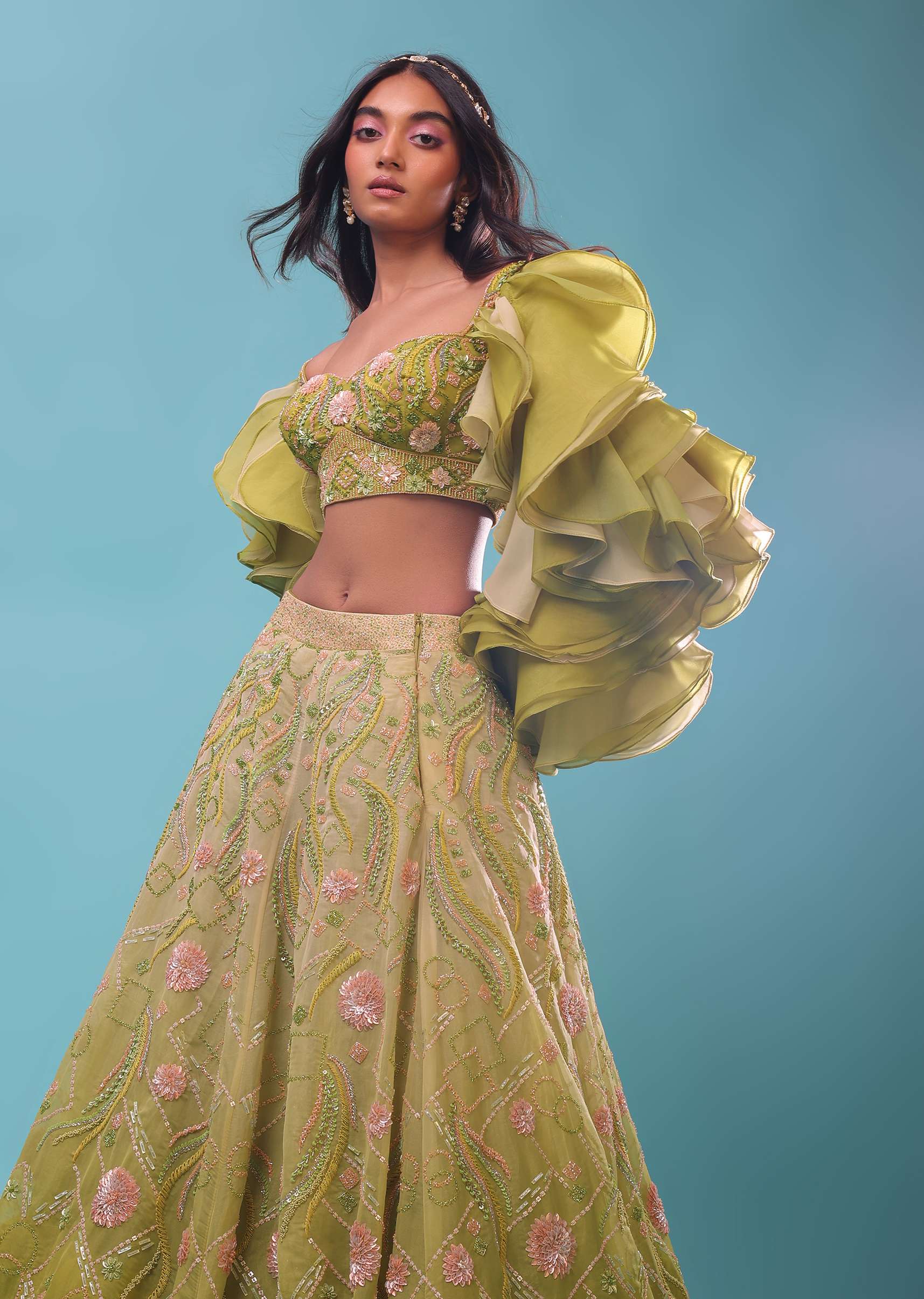 Citrus Green Ombre Lehenga And Sequin Embroidered Crop Top