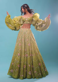 Citrus Green Ombre Lehenga And Sequin Embroidered Crop Top