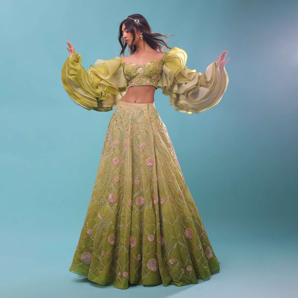 Citrus Green Ombre Lehenga And Sequin Embroidered Crop Top