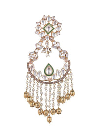 Green mina work chandelier earrings with kundan, bugle beads, stones and pearl fringes only on Kalki