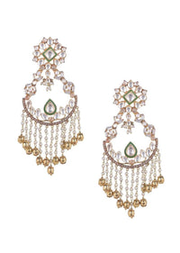 Green mina work chandelier earrings with kundan, bugle beads, stones and pearl fringes only on Kalki
