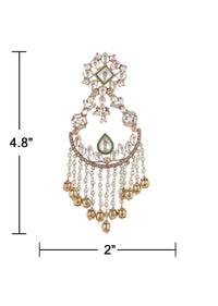 Green mina work chandelier earrings with kundan, bugle beads, stones and pearl fringes only on Kalki