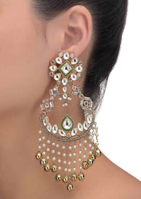 Green mina work chandelier earrings with kundan, bugle beads, stones and pearl fringes only on Kalki