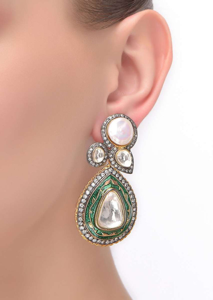 Green Mina Work Danglers In Drop Shape With Stones And Kundan Work Online - Kalki Fashion