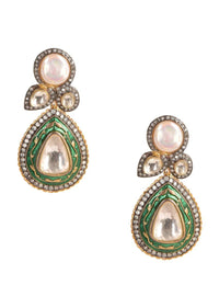 Green Mina Work Danglers In Drop Shape With Stones And Kundan Work Online - Kalki Fashion