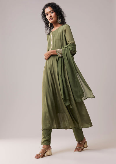 Green Moti Work Silk Embroidered Anarkali Set