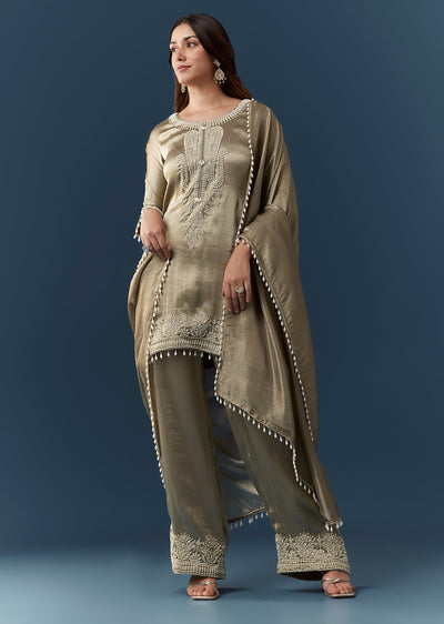 Green Moti Work Tissue Kurta Set