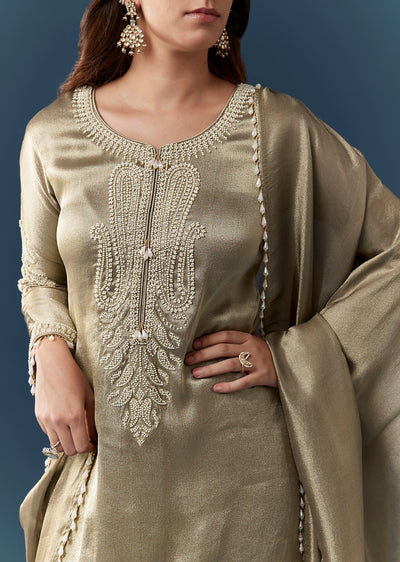 Green Moti Work Tissue Kurta Set