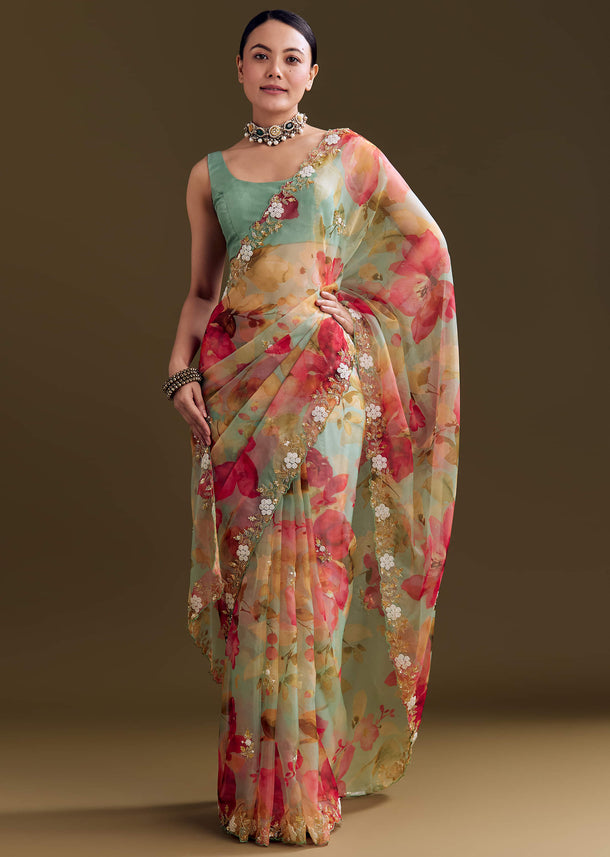 Green Organza Floral Saree With Embellished Border