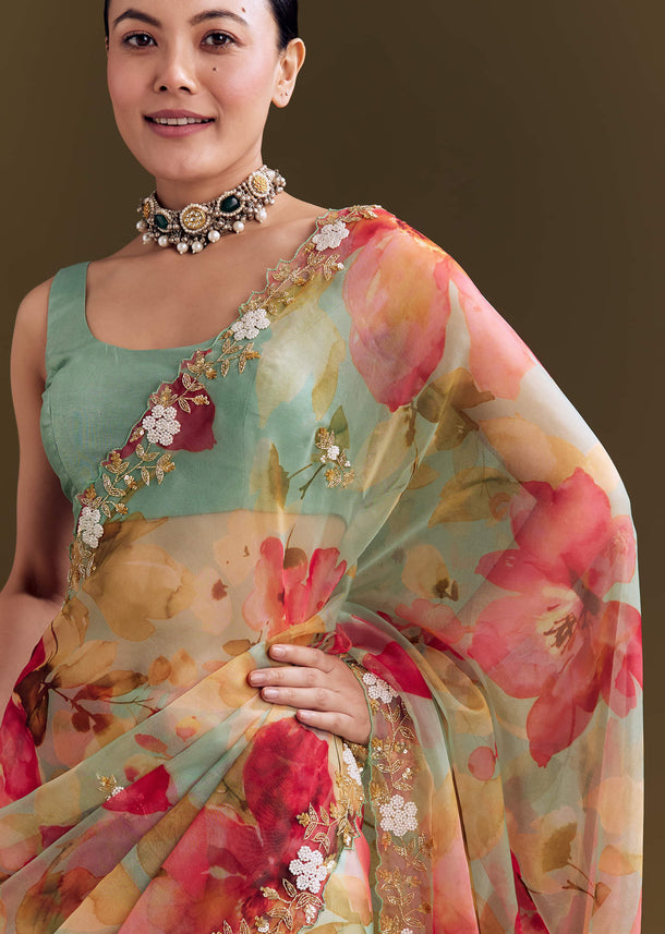 Green Organza Floral Saree With Embellished Border