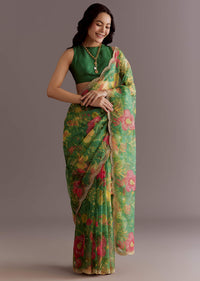 Green Organza Saree With Floral Print And Embellished Border
